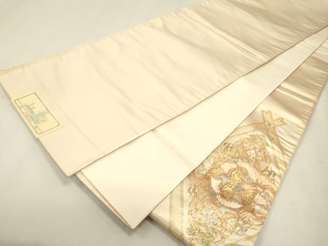 平和屋着物▼西陣　太鼓柄袋帯　駒刺繍　総刺繍　天井鳳凰花唐草文　金糸　正絹　逸品　未使用　DABJ7585fe