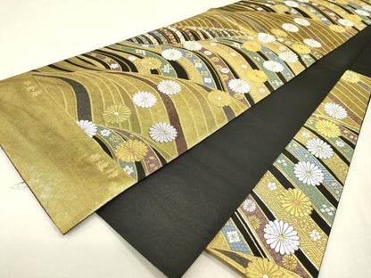 平和屋本店▼西陣　袋帯　螺鈿　唐織　菊連作　本金箔　証紙付き　正絹　逸品　未使用　DABJ7588fe