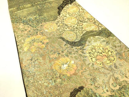 平和屋着物▼西陣　服部織物謹製　六通柄袋帯　こはく錦　手工芸　更紗花鳥唐草文　金糸　引箔　正絹　逸品　DABJ7613fe