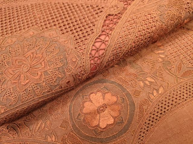 平和屋着物●中国三大刺繍　スワトウ刺繍　汕頭刺繍　総刺繍　太鼓柄袋帯　紬地　雪芝草花　正絹　逸品　DABJ7652fe