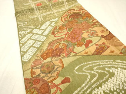 平和屋着物●中国三大刺繍　スワトウ刺繍　汕頭刺繍　六通柄袋帯　紬地　絞り　草花　金彩　正絹　逸品　DABJ7742fe