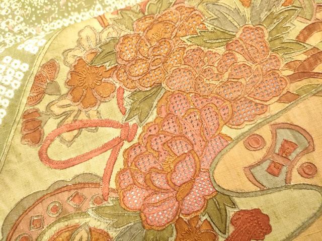 平和屋着物●中国三大刺繍　スワトウ刺繍　汕頭刺繍　六通柄袋帯　紬地　絞り　草花　金彩　正絹　逸品　DABJ7742fe