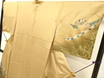 平和屋着物▼訪問着　扇面花鳥文　暈し染　金銀彩　正絹　逸品　未使用　DABJ7766fe