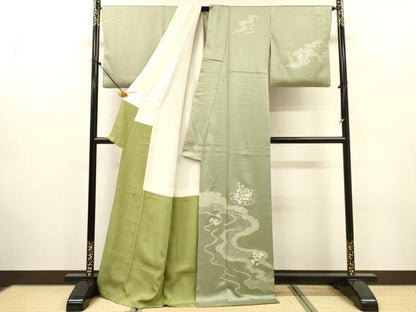 平和屋着物▼訪問着　駒刺繍　絞り　道長文箱花文　銀彩　正絹　逸品　DABJ7773fe
