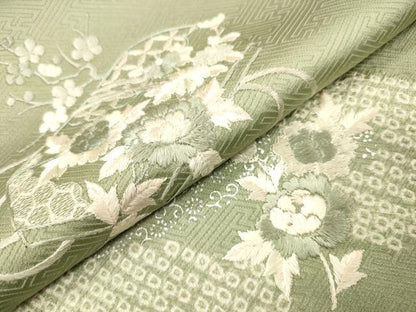 平和屋着物▼訪問着　駒刺繍　絞り　道長文箱花文　銀彩　正絹　逸品　DABJ7773fe