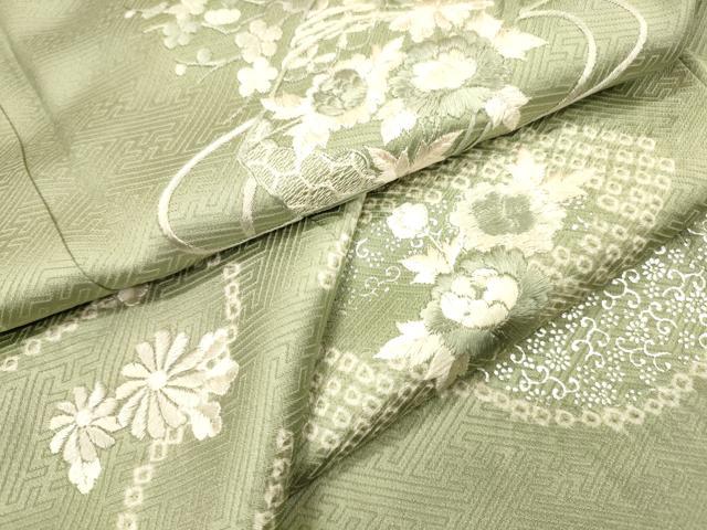 平和屋着物▼訪問着　駒刺繍　絞り　道長文箱花文　銀彩　正絹　逸品　DABJ7773fe