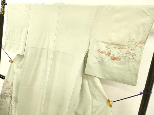 平和屋着物▼中国三大刺繍　スワトウ刺繍　汕頭刺繍　総刺繍　訪問着　水辺風景花文　暈し染　金糸　正絹　逸品　DABJ7783fe