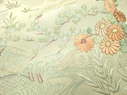 平和屋着物▼中国三大刺繍　スワトウ刺繍　汕頭刺繍　総刺繍　訪問着　水辺風景花文　暈し染　金糸　正絹　逸品　DABJ7783fe