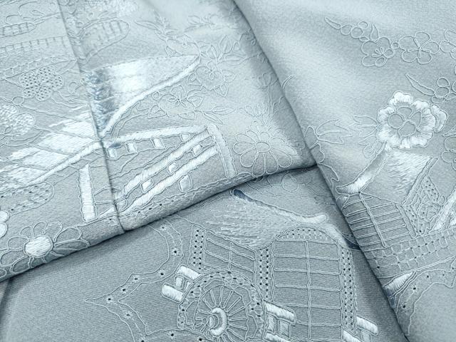 平和屋着物▼無地絵羽訪問着　総刺繍　風景文　秘色色　正絹　逸品　DABJ7785fe