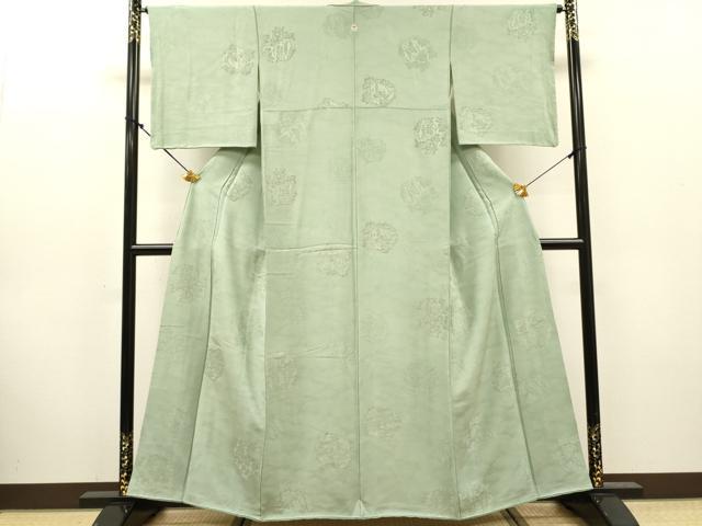 平和屋着物▼上質な色無地　葡萄蔦の葉地紋　千草鼠色　正絹　逸品　DABJ7804fe