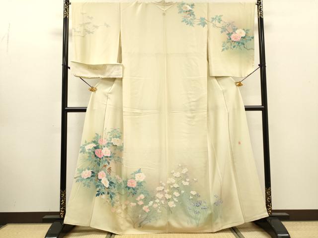 平和屋着物●訪問着　友禅　作家物　枝花に休み鳥　暈し染　反端付き　正絹　逸品　DABJ7825fe