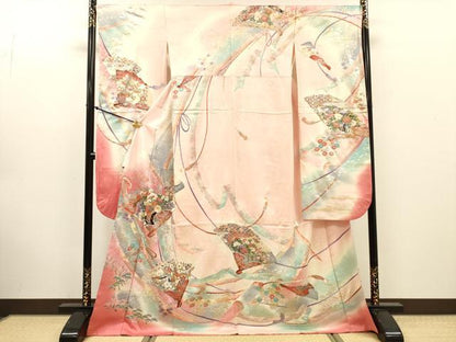 平和屋着物●豪華振袖　駒刺繍　花車飛鶴扇文　暈し染　金銀彩　正絹　逸品　DABJ7828fe