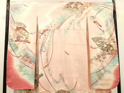 平和屋着物●豪華振袖　駒刺繍　花車飛鶴扇文　暈し染　金銀彩　正絹　逸品　DABJ7828fe