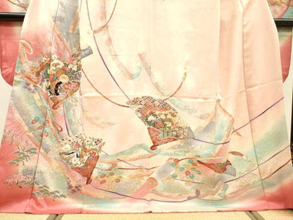 平和屋着物●豪華振袖　駒刺繍　花車飛鶴扇文　暈し染　金銀彩　正絹　逸品　DABJ7828fe