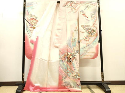 平和屋着物●豪華振袖　駒刺繍　花車飛鶴扇文　暈し染　金銀彩　正絹　逸品　DABJ7828fe