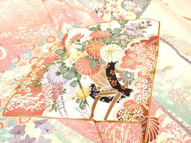 平和屋着物●豪華振袖　駒刺繍　花車飛鶴扇文　暈し染　金銀彩　正絹　逸品　DABJ7828fe