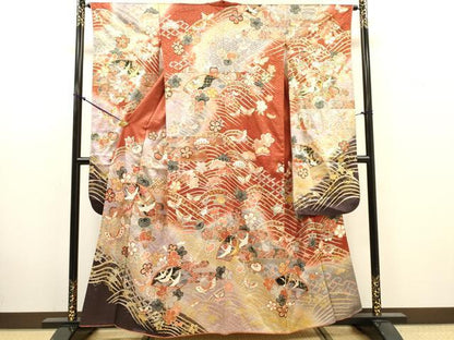 平和屋着物●豪華振袖　駒刺繍　飛鶴花文　暈し染　金銀彩　正絹　逸品　DABJ7830fe