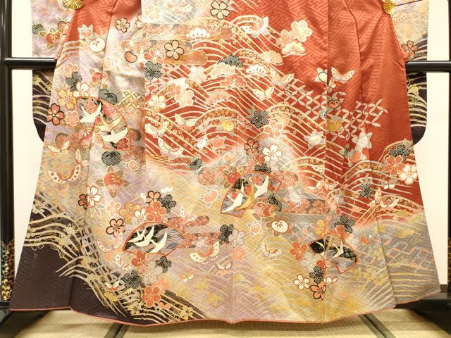 平和屋着物●豪華振袖　駒刺繍　飛鶴花文　暈し染　金銀彩　正絹　逸品　DABJ7830fe
