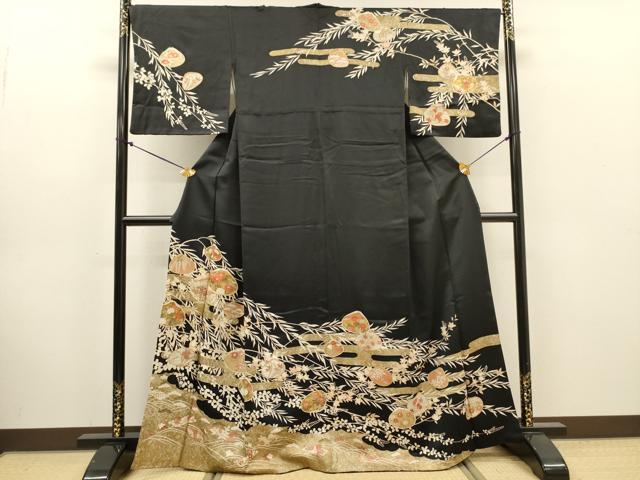 平和屋着物●訪問着　駒刺繍　貝合わせ花文　黒地　金彩　高島屋扱い　正絹　逸品　DABJ7846fe
