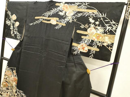 平和屋着物●訪問着　駒刺繍　貝合わせ花文　黒地　金彩　高島屋扱い　正絹　逸品　DABJ7846fe