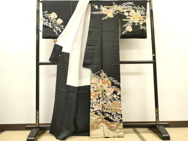 平和屋着物●訪問着　駒刺繍　貝合わせ花文　黒地　金彩　高島屋扱い　正絹　逸品　DABJ7846fe