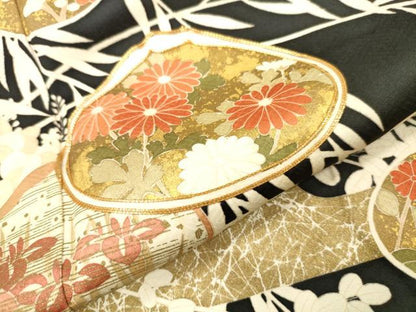 平和屋着物●訪問着　駒刺繍　貝合わせ花文　黒地　金彩　高島屋扱い　正絹　逸品　DABJ7846fe
