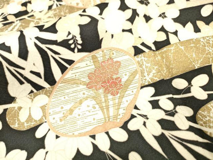 平和屋着物●訪問着　駒刺繍　貝合わせ花文　黒地　金彩　高島屋扱い　正絹　逸品　DABJ7846fe