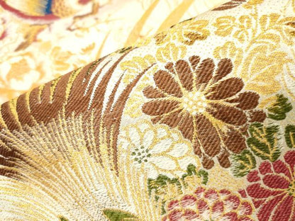 平和屋着物▼アンティーク　大正ロマン　丸帯　花鳥文　御所車飛鶴文　金糸　正絹　逸品　DABJ7898fe