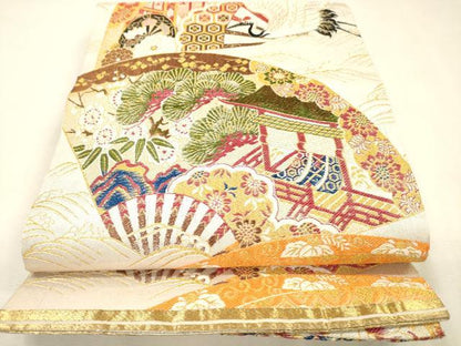 平和屋着物▼アンティーク　大正ロマン　丸帯　花鳥文　御所車飛鶴文　金糸　正絹　逸品　DABJ7898fe