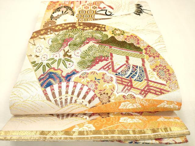 平和屋着物▼アンティーク　大正ロマン　丸帯　花鳥文　御所車飛鶴文　金糸　正絹　逸品　DABJ7898fe