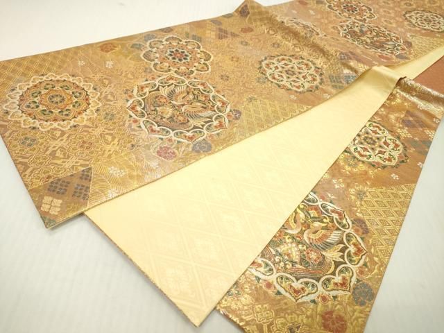 平和屋着物▼六通柄袋帯　正倉院向かい鳥舞花文　金糸　正絹　逸品　DABJ7951fe