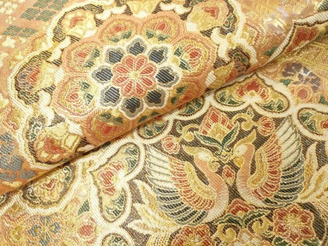 平和屋着物▼六通柄袋帯　正倉院向かい鳥舞花文　金糸　正絹　逸品　DABJ7951fe