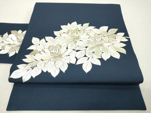 平和屋着物▼塩瀬　九寸名古屋帯　総刺繍　薔薇　金銀糸　正絹　逸品　DABJ7952fe