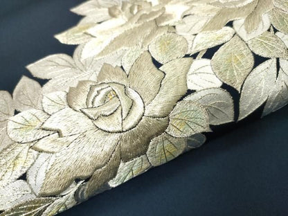 平和屋着物▼塩瀬　九寸名古屋帯　総刺繍　薔薇　金銀糸　正絹　逸品　DABJ7952fe