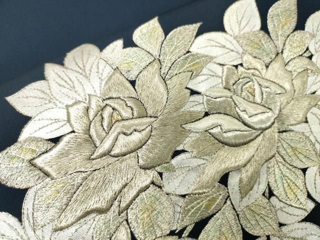 平和屋着物▼塩瀬　九寸名古屋帯　総刺繍　薔薇　金銀糸　正絹　逸品　DABJ7952fe