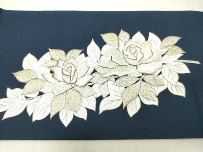 平和屋着物▼塩瀬　九寸名古屋帯　総刺繍　薔薇　金銀糸　正絹　逸品　DABJ7952fe