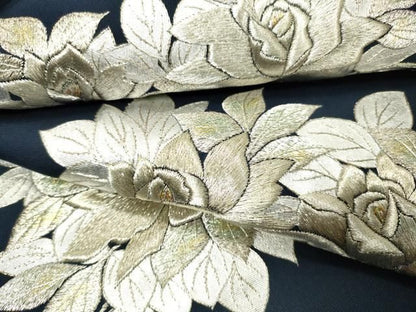 平和屋着物▼塩瀬　九寸名古屋帯　総刺繍　薔薇　金銀糸　正絹　逸品　DABJ7952fe