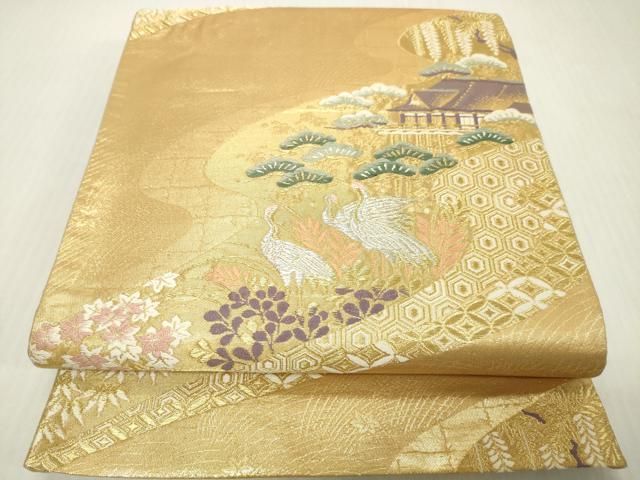 平和屋着物▼六通柄袋帯　唐織　群鶴吉祥花松文　金銀糸　正絹　逸品　DABJ7956fe