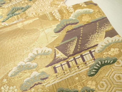 平和屋着物▼六通柄袋帯　唐織　群鶴吉祥花松文　金銀糸　正絹　逸品　DABJ7956fe