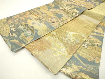 平和屋着物▼両面　六通柄袋帯　東山散策　琳派　宗達　松島図　金糸　正絹　逸品　DABJ7959fe