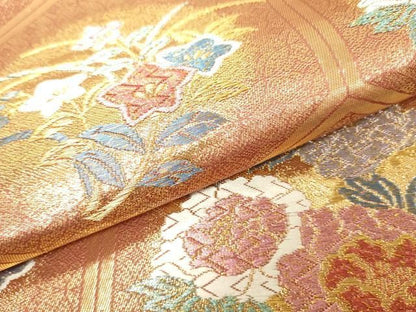 平和屋着物▼六通柄袋帯　亀甲花文　金糸　正絹　逸品　DABJ7964fe