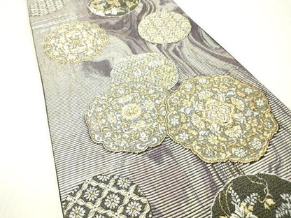 平和屋着物▼六通柄袋帯　紙布　花絵皿　金銀糸　正絹　逸品　DABJ7967fe