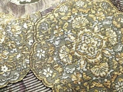 平和屋着物▼六通柄袋帯　紙布　花絵皿　金銀糸　正絹　逸品　DABJ7967fe