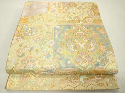 平和屋着物▼六通柄袋帯　唐織　向かい鳥更紗花唐草文　金糸　正絹　逸品　未使用　DABJ7973fe