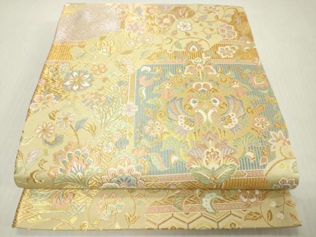 平和屋着物▼六通柄袋帯　唐織　向かい鳥更紗花唐草文　金糸　正絹　逸品　未使用　DABJ7973fe