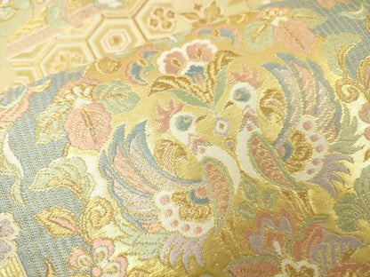 平和屋着物▼六通柄袋帯　唐織　向かい鳥更紗花唐草文　金糸　正絹　逸品　未使用　DABJ7973fe