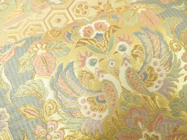 平和屋着物▼六通柄袋帯　唐織　向かい鳥更紗花唐草文　金糸　正絹　逸品　未使用　DABJ7973fe