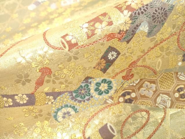 平和屋着物▼西陣　長嶋成織物　ながしま帯　六通柄袋帯　御所の響　金糸　正絹　逸品　DABJ7988fe