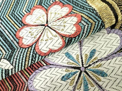 平和屋着物▼六通柄袋帯　唐織　舞桜　黒地　金糸　正絹　逸品　DABJ7992fe