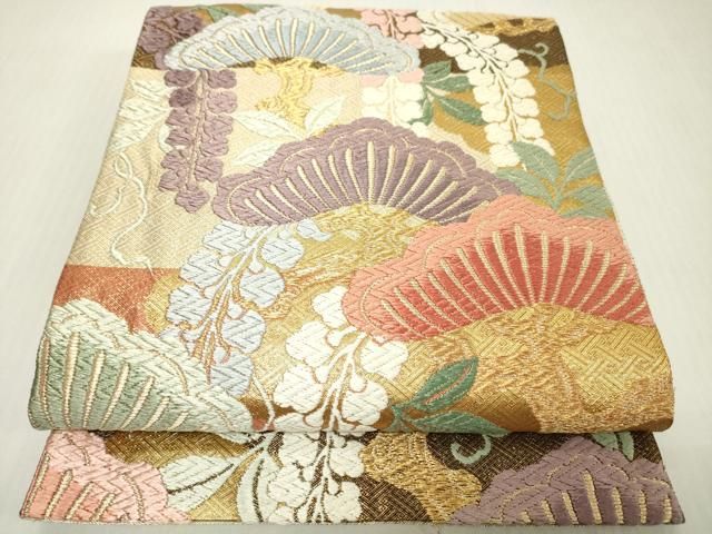 平和屋着物▼佐賀錦　六通柄袋帯　唐織　藤花房松文　金糸　正絹　逸品　DABJ7995fe